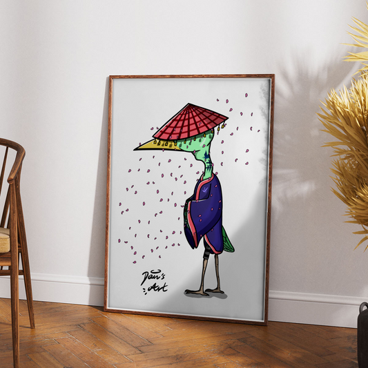 Asian culture inspired Crae in a ret blue monk robe, wearing a red hat and holding a pearl necklace. Cherry blossoms are flying threw the scene in the poster.