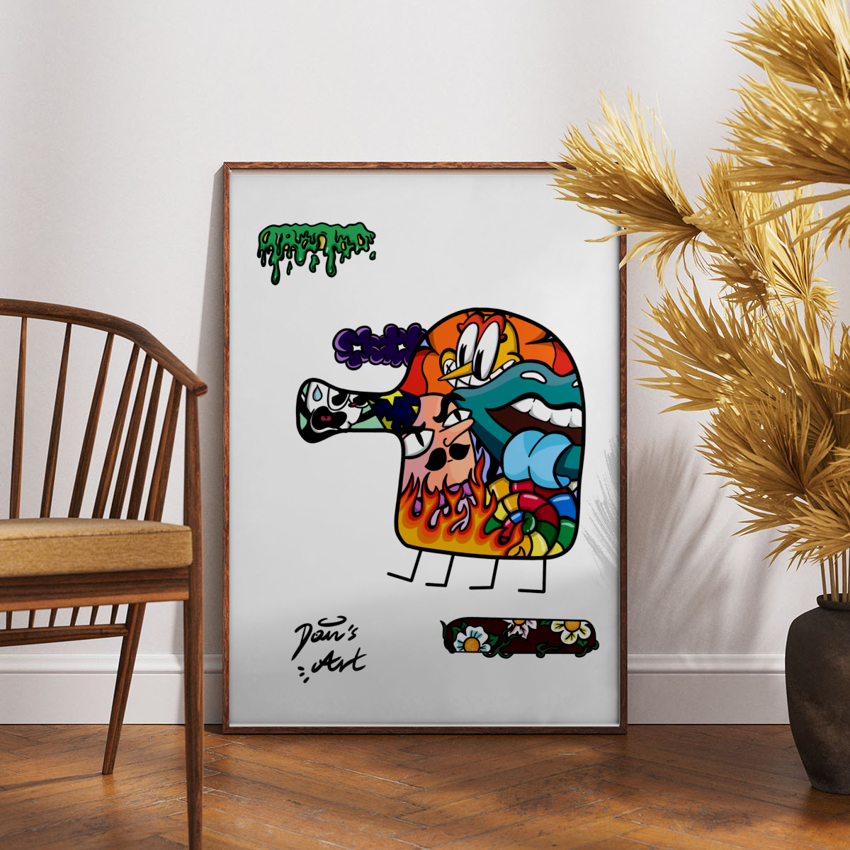 Colorful Doodle Jump character filled with whimsical doodles, jumping on blocks of flowers, slime, and purple clouds.